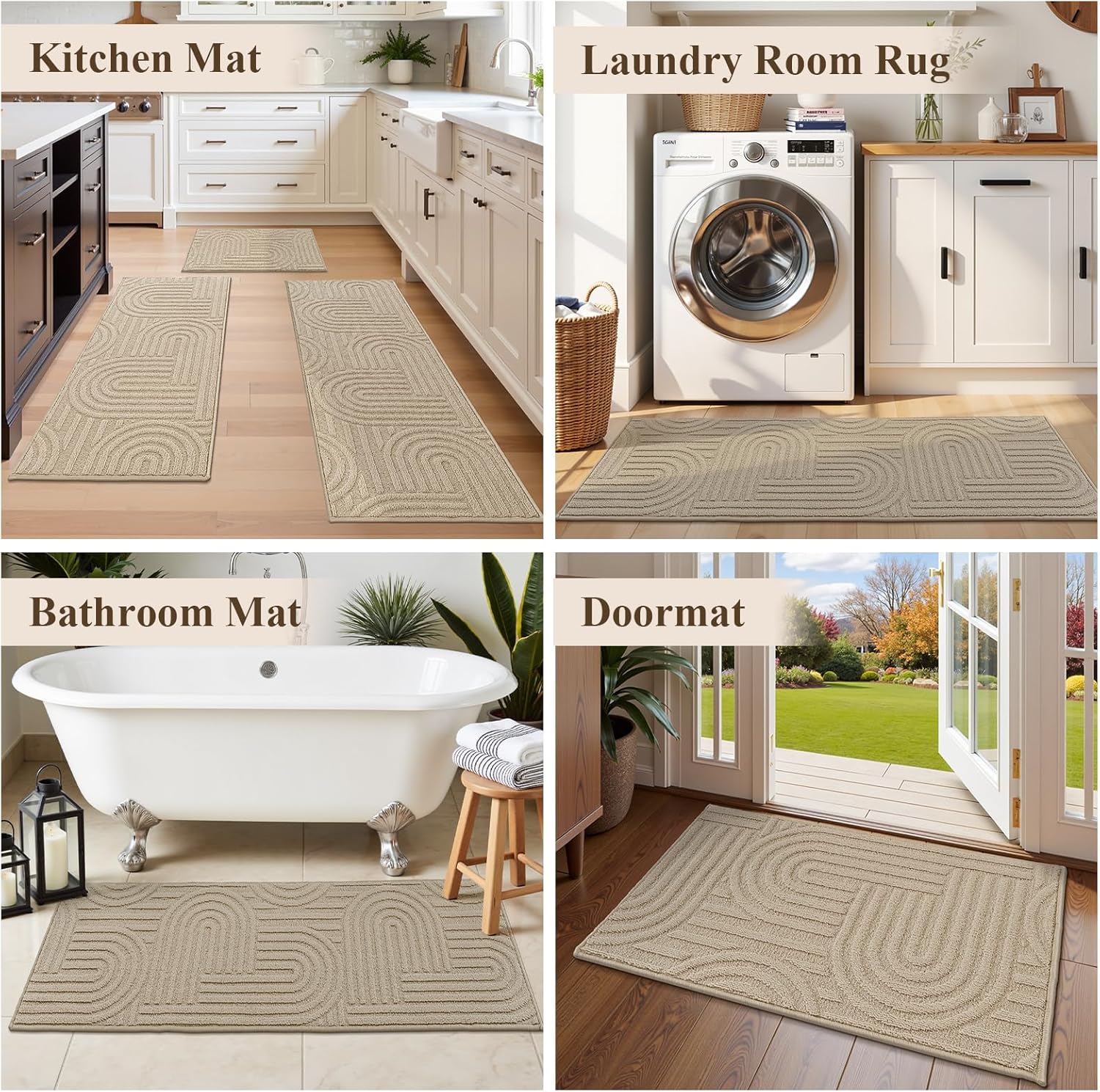 U'Artlines Kitchen Rugs and Mats Set of 3, Non Skid Washable Beige Geometric Kitchen Mats for Floor, Absorbent and Stain Resistant Floor Mat for Laundry, Sink Decor 20x32+20x48+20x59