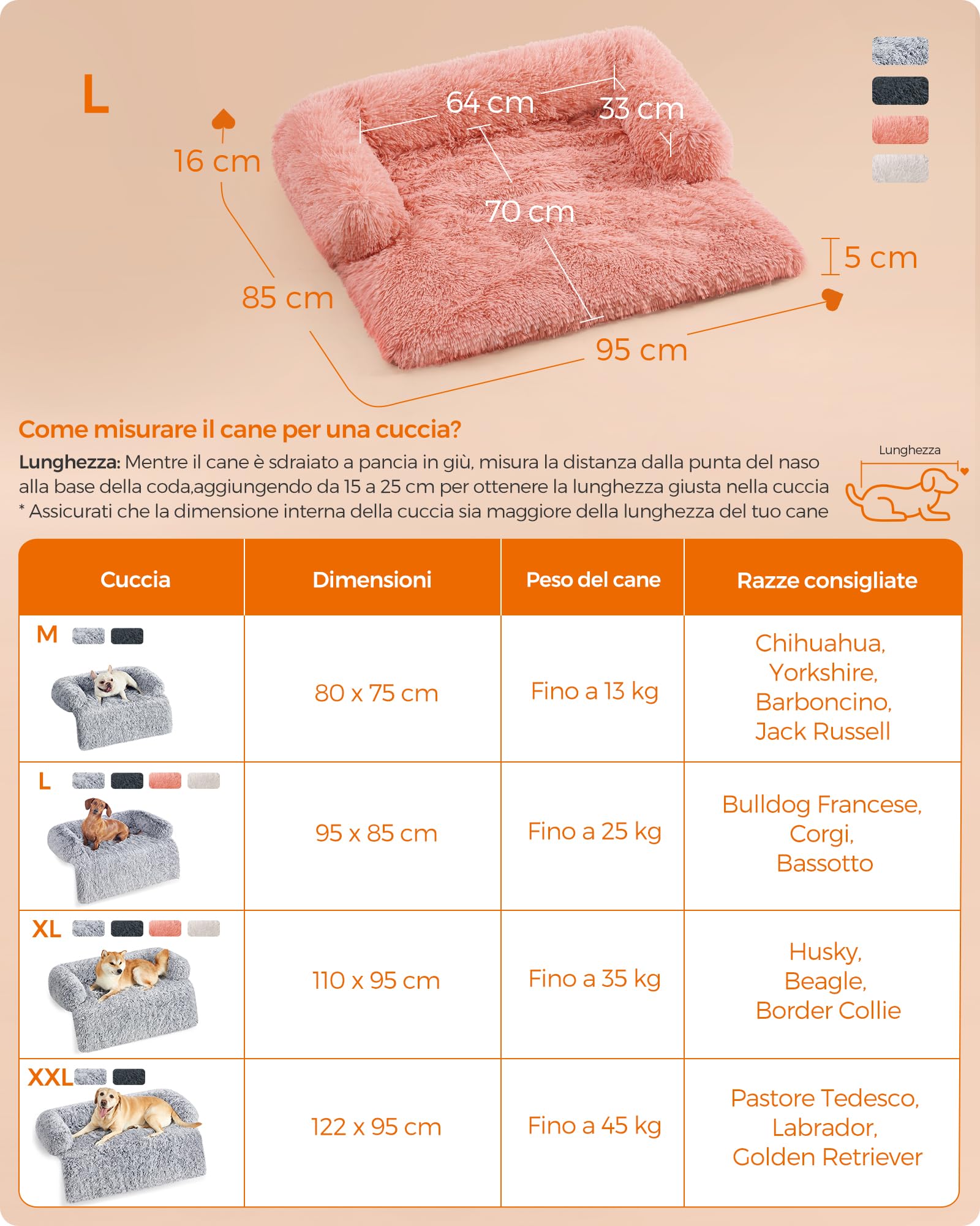 Feandrea FluffyHug Cuccia per Cani di Peluche, Tappeto Copridivano per Animali, Divano per Cani, L, per Cani Medi, 95 x 85 x 16 cm, Rosa PGW222R01