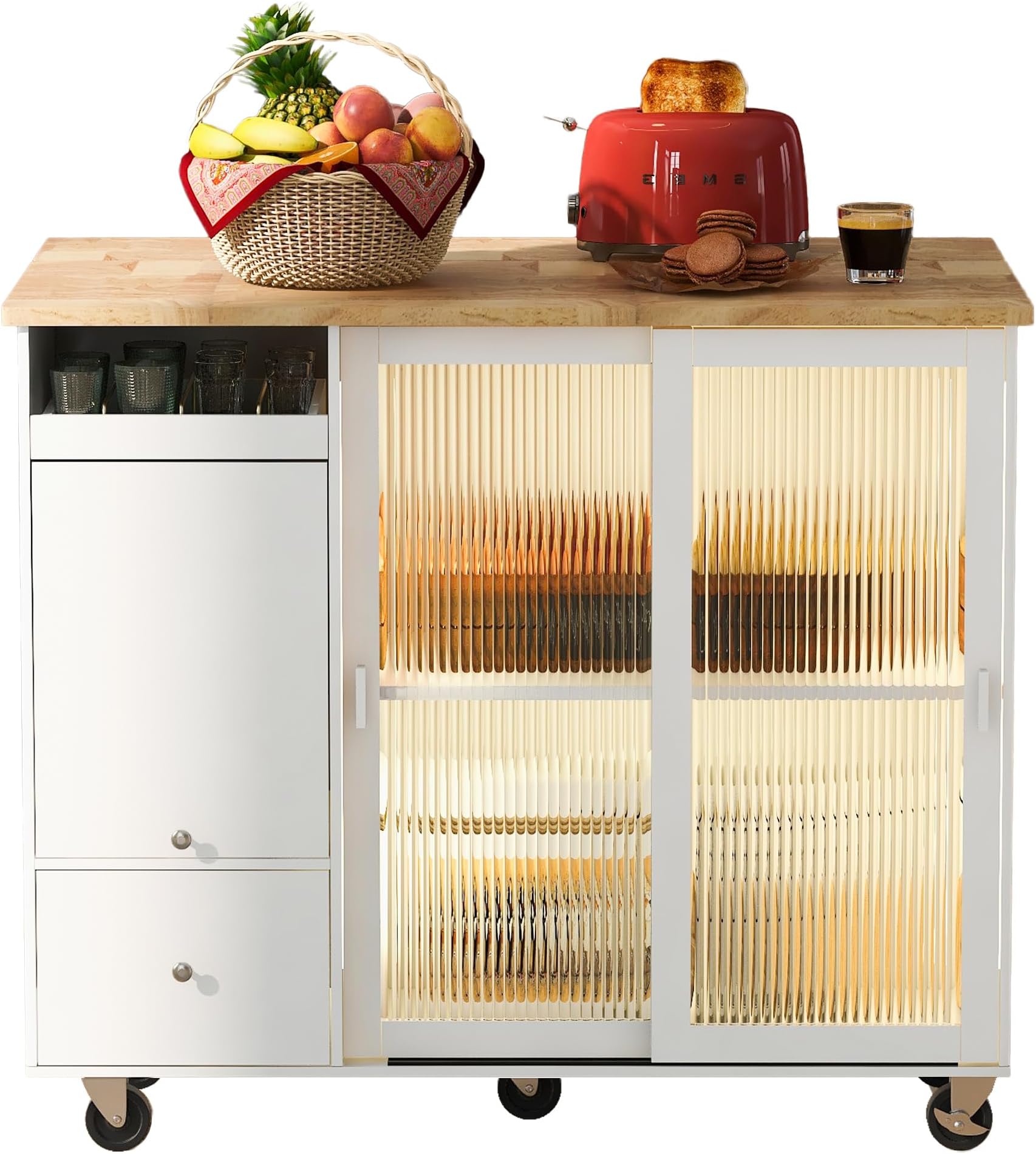 LUMISOL Kitchen Island Cart on Wheels with LED Lights and Drop Leaf, Mobile Kitchen Cart with Adjustable Shelf and 2 Drawers, 2 Fluted Glass Doors and 1 Flip Cabinet, White