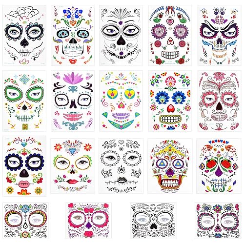 3 otters Tatuajes faciales de Halloween, 19 unidades, tatuajes temporales de calavera de azúcar y esqueleto para el día de los muertos, fiestas de