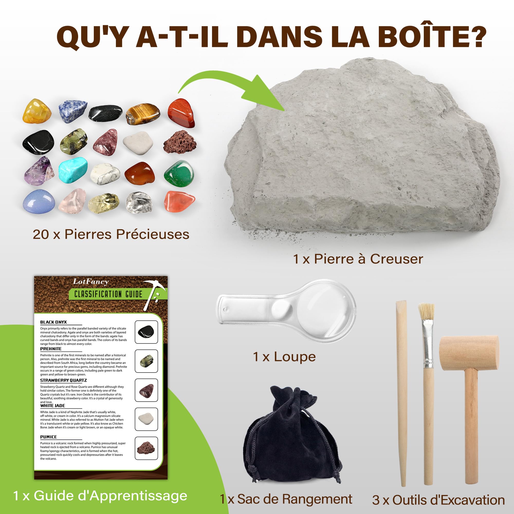 LotFancy Kit de Fouille de Pierres Précieuses - 20 Vraies Gemmes, Kit Scientifique pour Enfants 6-10 Ans, Cadeau Garçons Filles