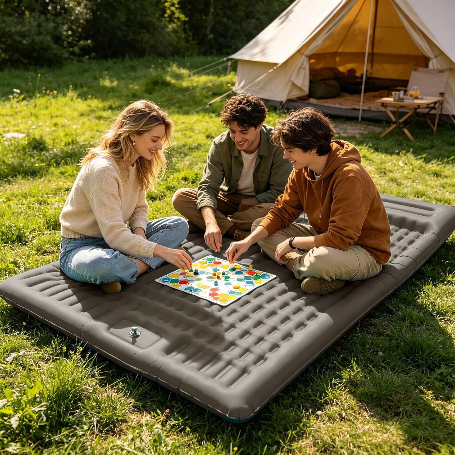 Self Inflating Camping Lounge Mat with Built-in Foot Pump, Ultralight Sleeping Pad, Thick Air Mattress for Backpacking, Travel, Tent, Beach & Outdoor Relaxation (Grey-Double)