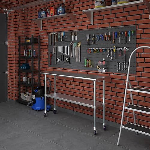 Miniatura 7 de AmGood Mesa de trabajo de acero inoxidable de 18 x 60 pulgadas con ruedas, mesa móvil de metal, preparación de alimentos