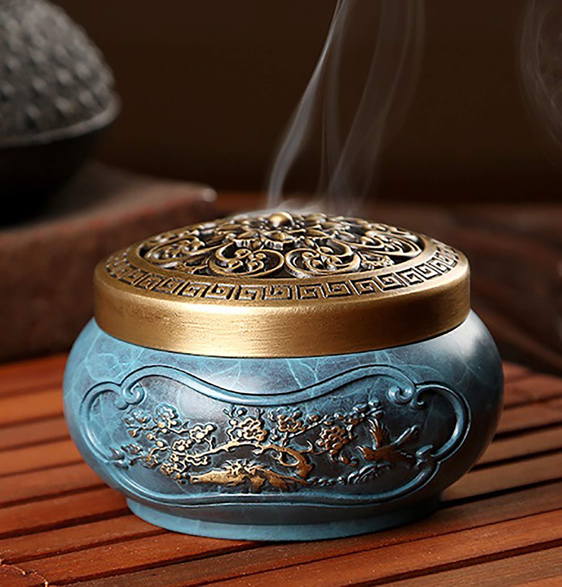 Bruciatore Di Incenso Vintage In Ottone E Ceramica - Forma Di Loto Con Manico, Porta Incenso Per Meditazione, Yoga E Decorazione Tavolo, 11,5x6,5x5 Cm