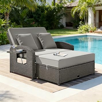 Patio Chaise Lounge Outdoor PE Rattan Daybed Double Reclining Chairs All Weather Sunbed Chair with Adjustable Backrest ,Cup Tray Comfy Seat Cushion & Headrest Free Furniture Protection Cover,Gray