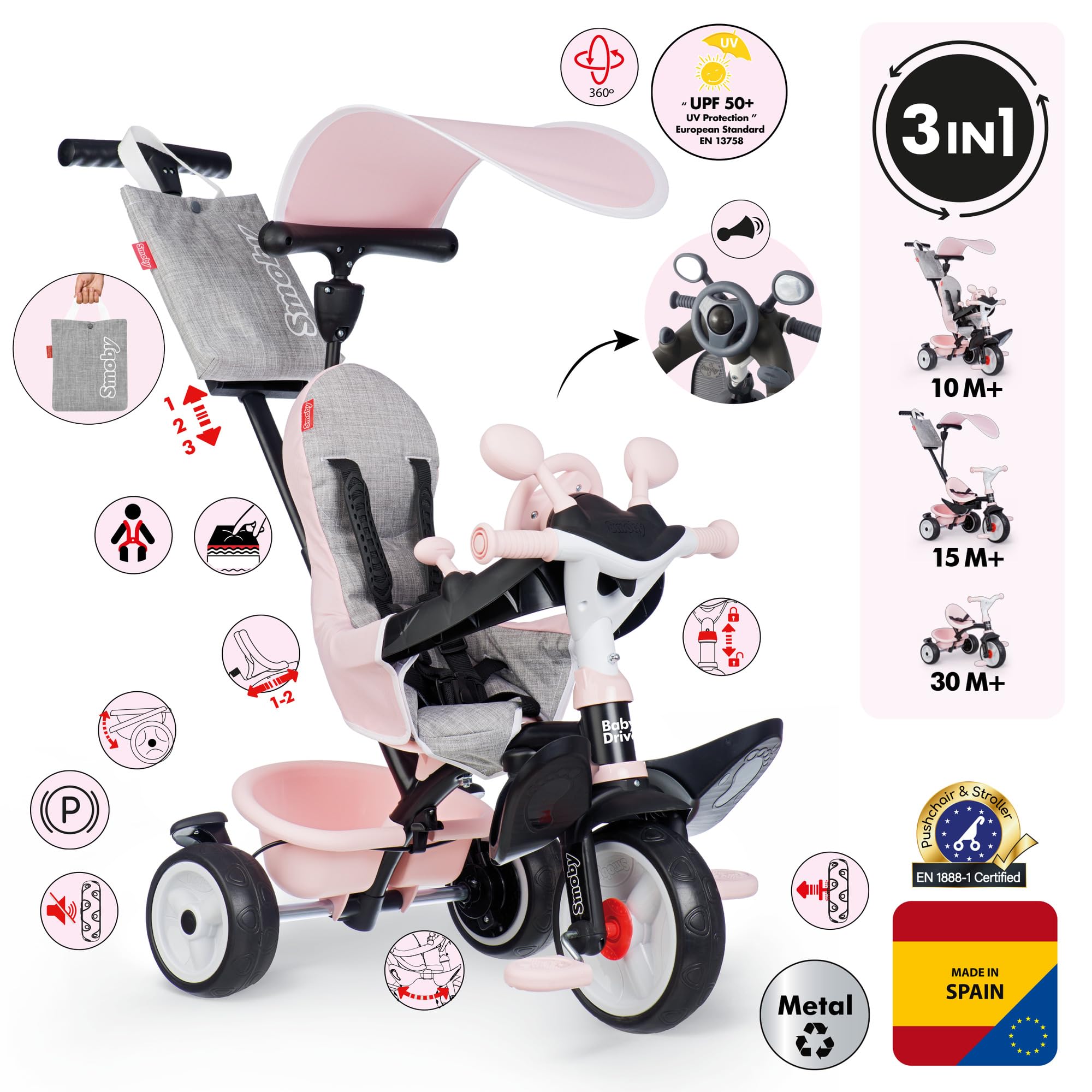 Smoby - Baby Driver Różowy Trójkołowy - 3w1 Ewolucyjny - Uchwyt Rodzica Regulowany - Hamulec Postojowy, Podnóżek, Osłona Przeciwsłoneczna Anty-UV - Od 10 Miesięcy do 3 Lat - Wyprodukowano w Hiszpanii