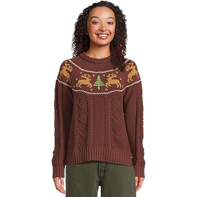 L.L.Bean Signature Cotton Fisherman Crewneck Novelty Sweater currant deer fair isle