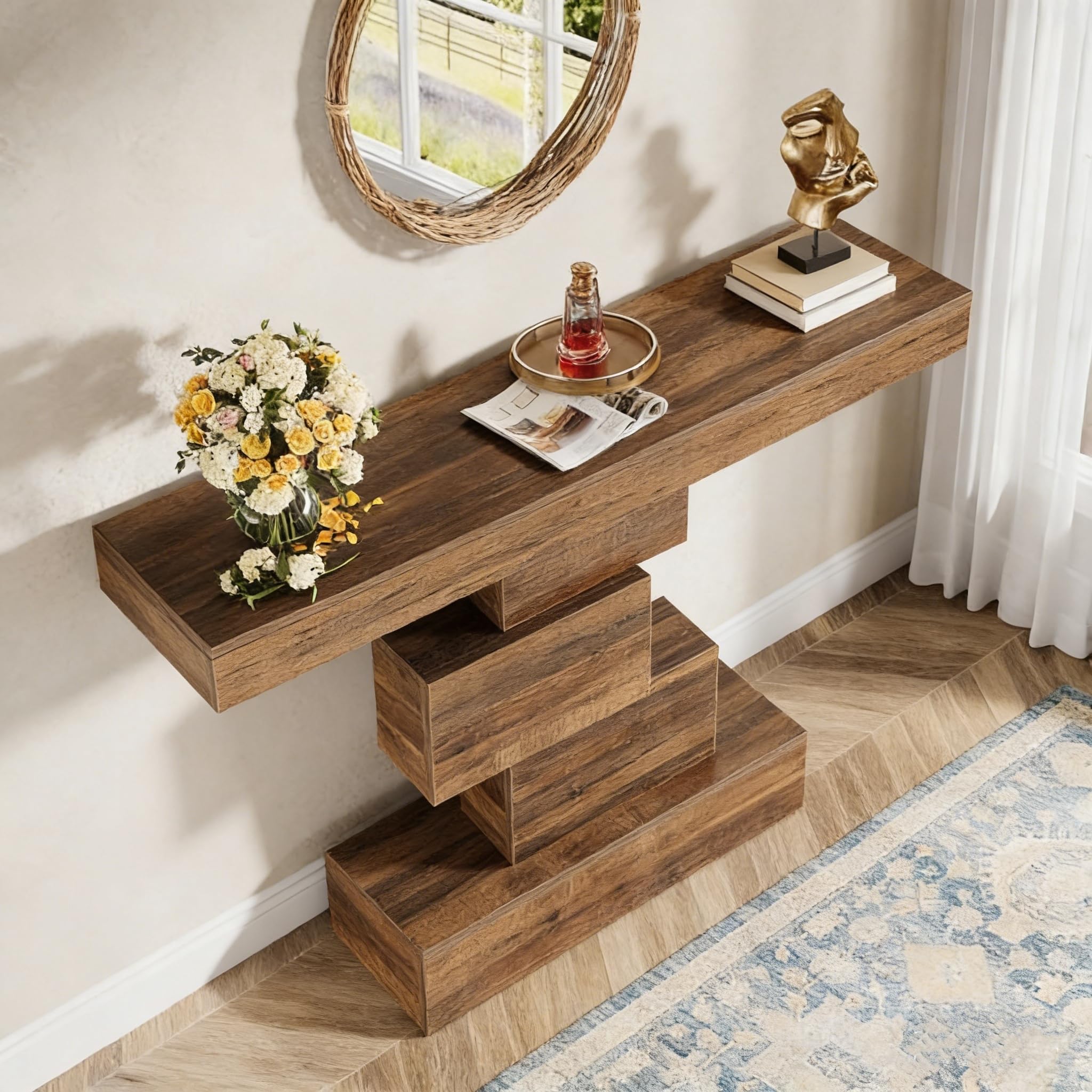LITTLE TREE Konsolentisch, 108 x 30 x 80cm, Bauernhaus-Sofatisch mit Geometrisches Design, Schmaler Eingangstisch aus Holz für Wohnzimmer, Flur, rustikales Braun