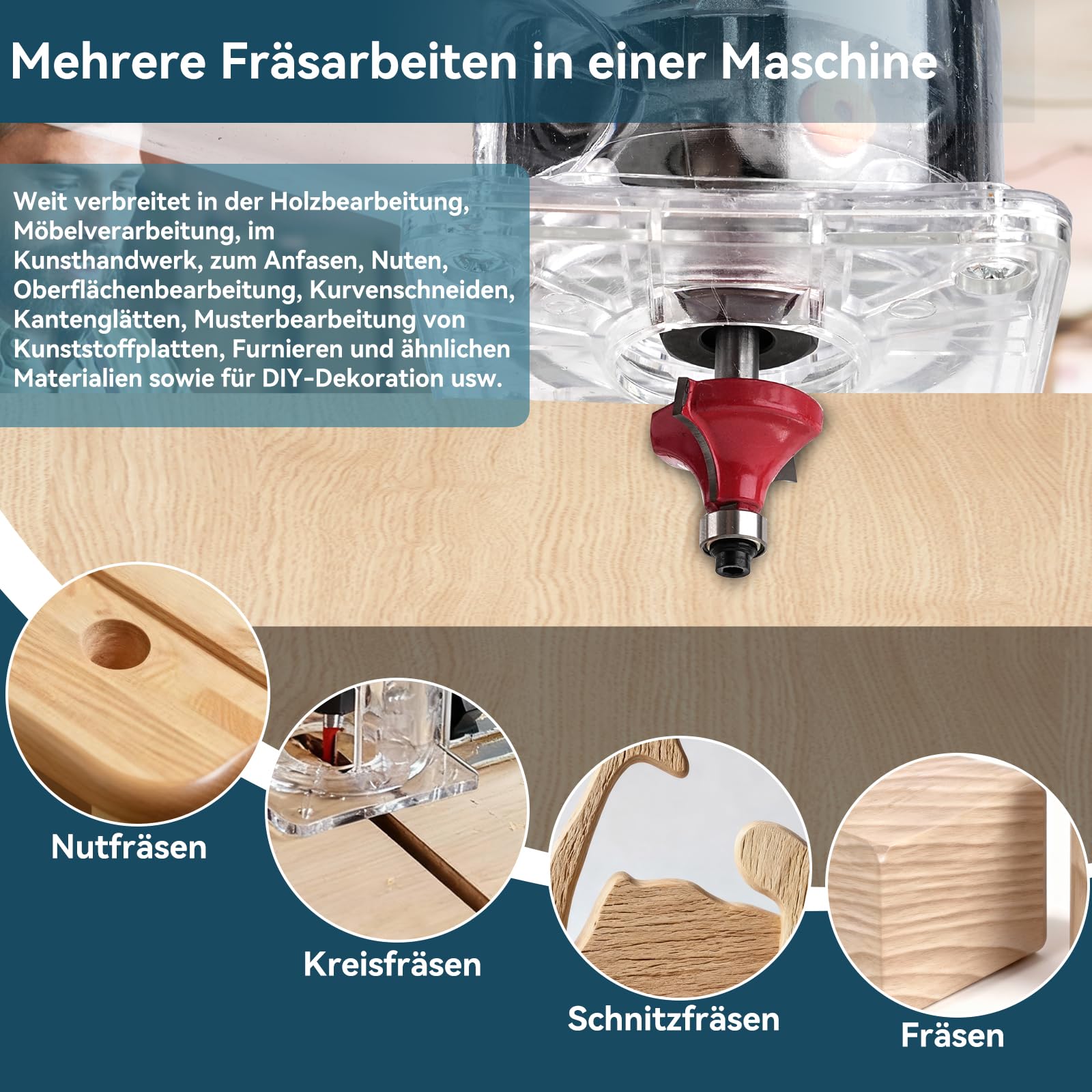 Kantenfräse, 1000W 30000 U/min Oberfräse Trimmer mit Staubabsaugung, 6 Gang Einhandfräse mit 15 Fräsen Cuter, Zum Anfasen Nuten Trimmen Stanzen Schneiden und Schnitzen von Holz