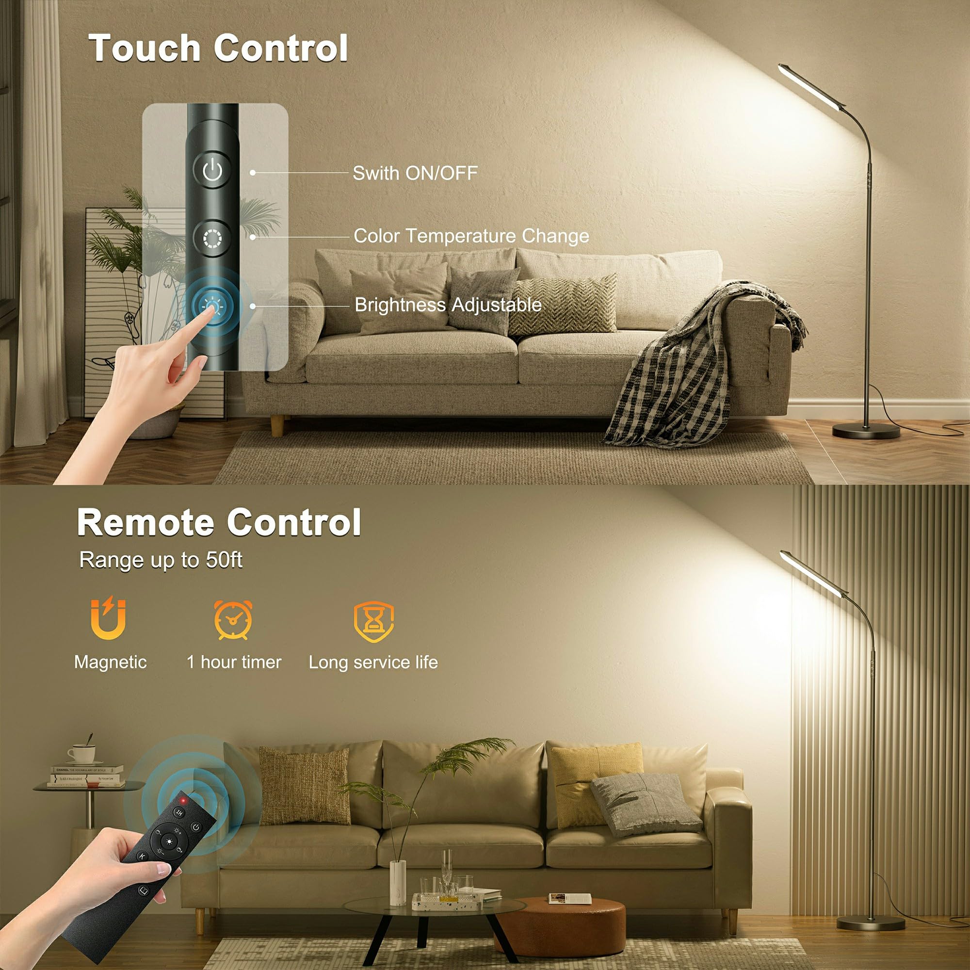 Lampara de Pie Regulable con Control Remoto y Botones Táctiles, 18W Súper Brillanbe LED Lampara de Lectura Ajuste Lineal de Temperatura de Color y Brillo, Para Sala de Estar Dormitorio Oficina