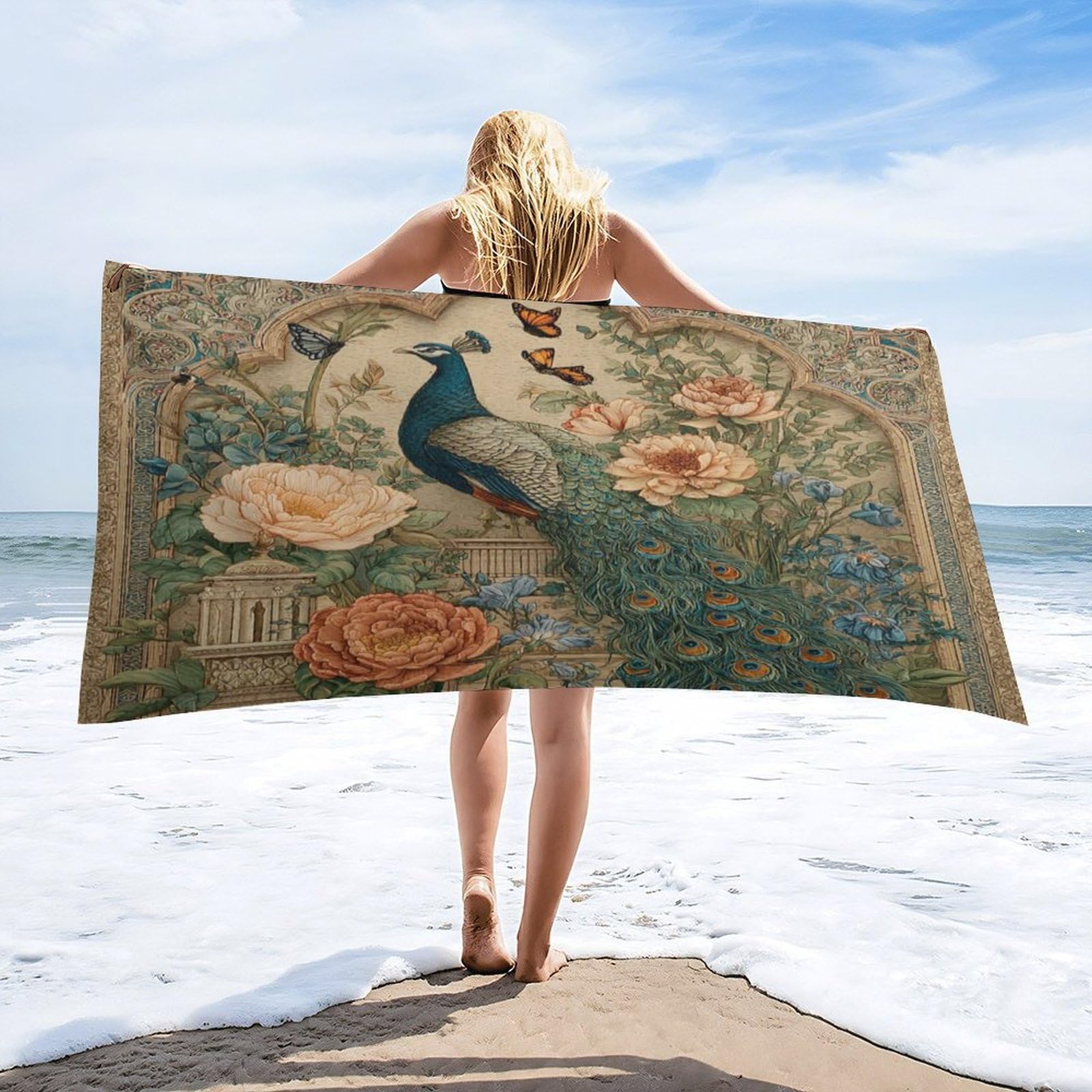 Luyysky Rustic Watercolor Elegant Peacock Absorbent Beach Towel, Mid Century Boho Animal Butterflies Peacock Plant Floral Outdoor Single-Sided Velvet Beach Towel-80 W Cm X 160" L Cm