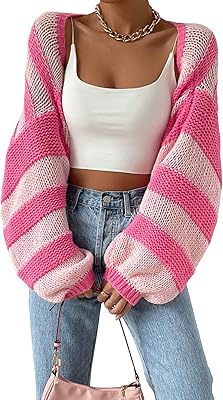 GORGLITTER Women's Striped Cropped Cardigan Color Block Cable Knit Holiday Christmas Sweaters Trendy 2025 Bolero Shrug