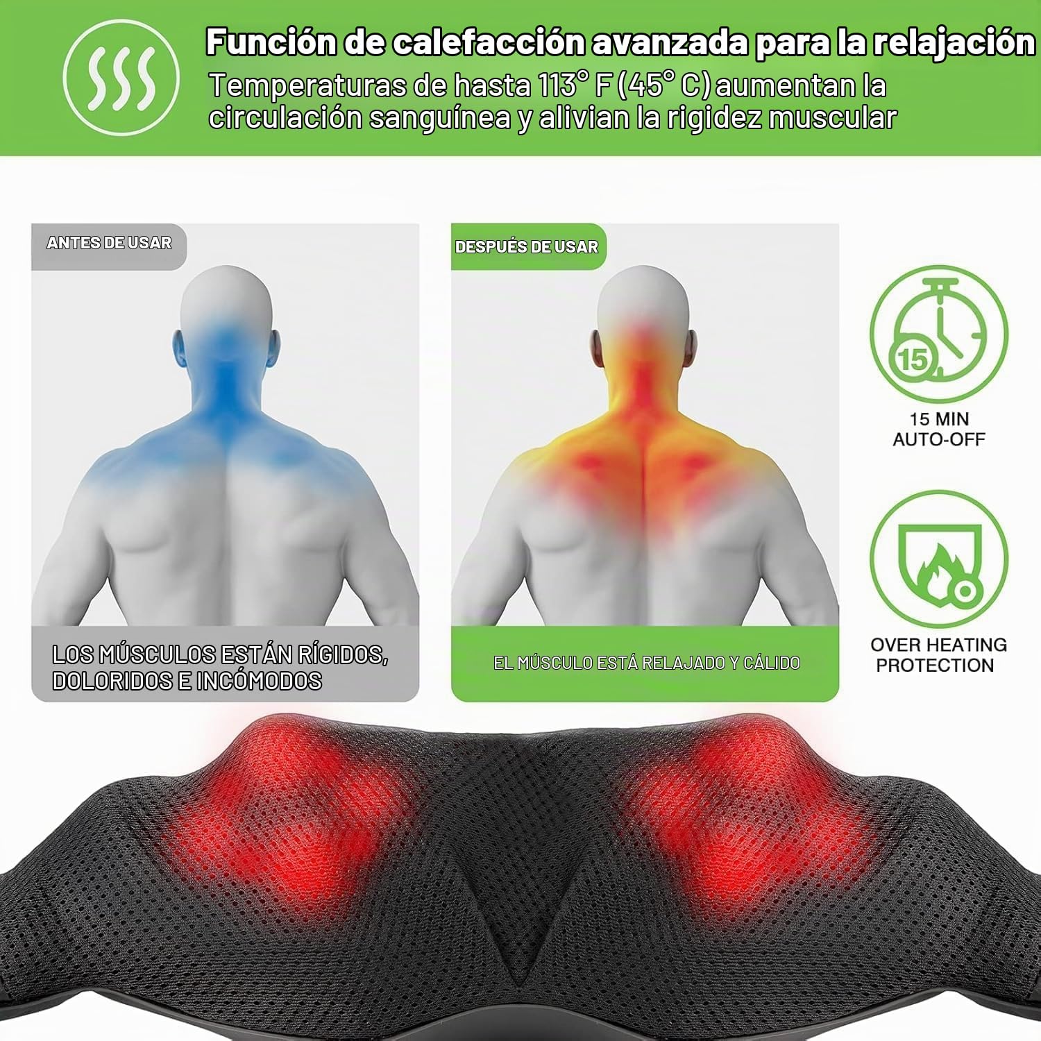 Cotsoco Masajeador Cervical y Espalda con Calor Relajante,Masajeador de Cuello y Hombros Inalambrico,Shiatsu Eléctrico 3D con 16 Nodos, para Casa Oficina y Coche,Negro