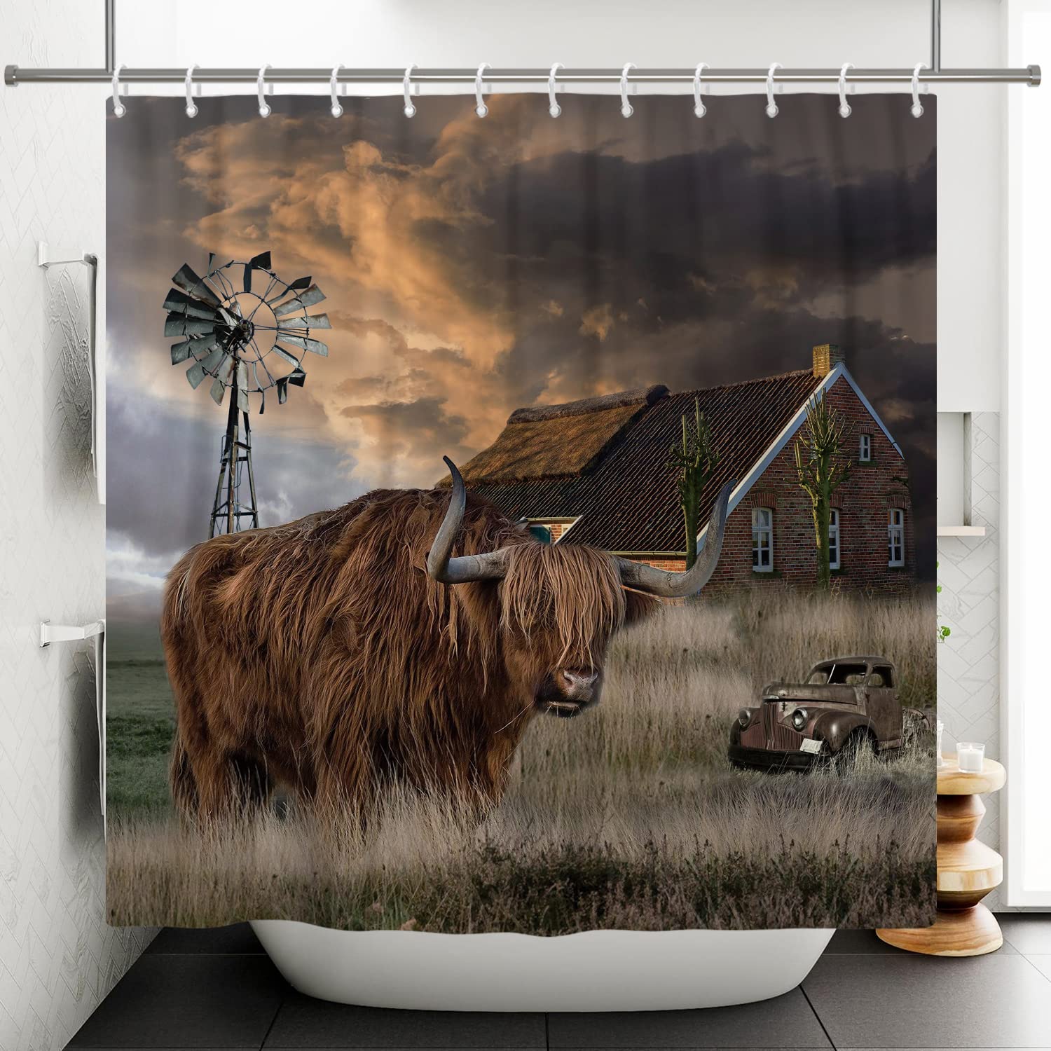 Lustiger Duschvorhang Mit Hochlandkuh-Motiv – 180x180 Cm, Inkl. 12 Haken, Maschinenwaschbar
