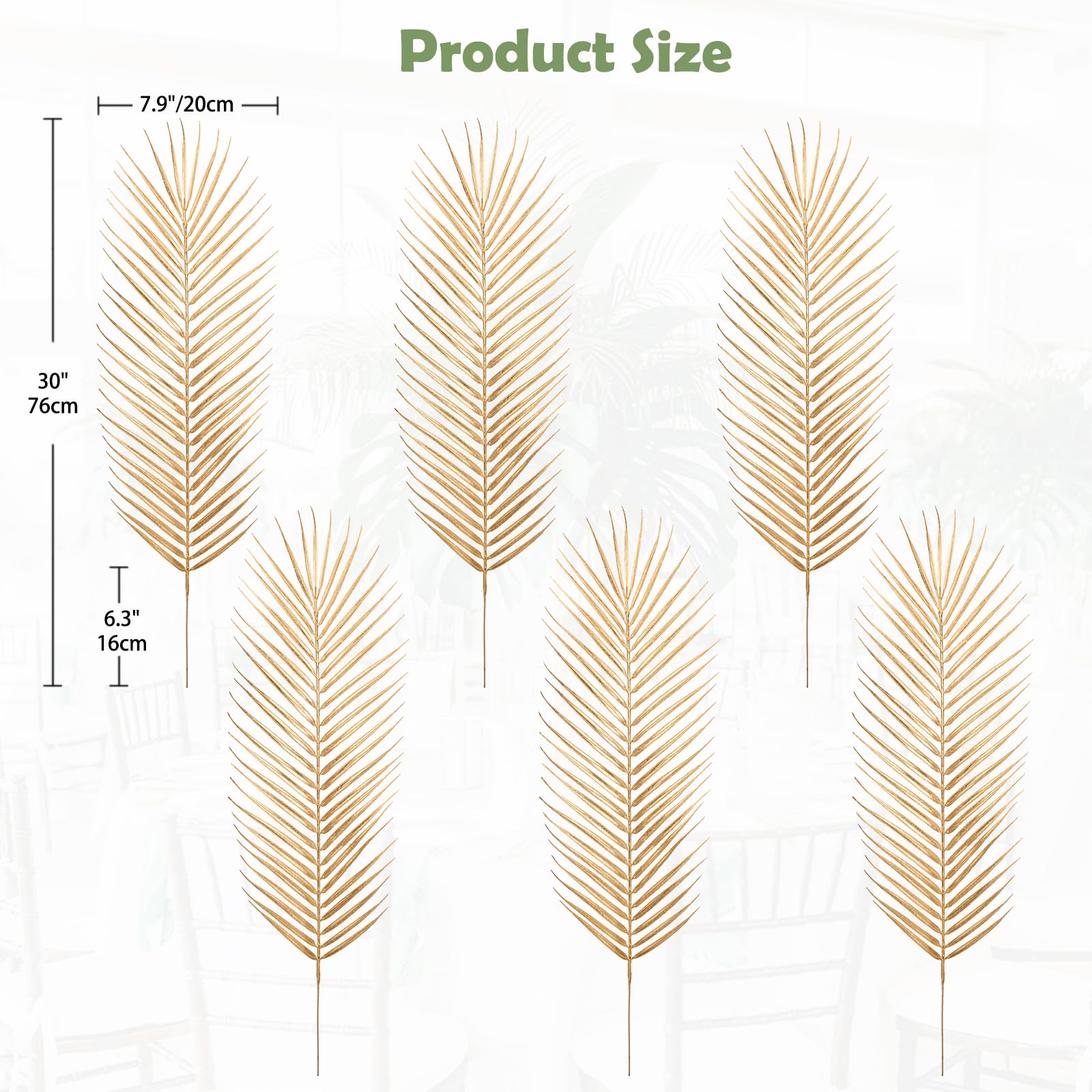 Hollyone 6 pezzi di foglie di palma artificiali, pianta artificiale Areca, rami di palma, 76 cm, foglie di palma dorate, foglie tropicali per composizioni floreali fai da te, matrimoni, feste