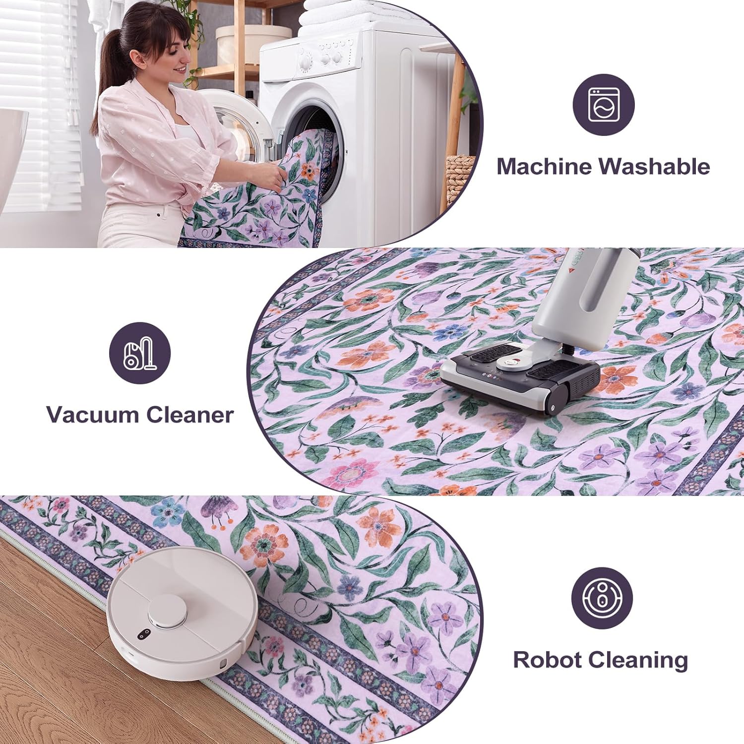 Collive Purple 5x7 Area Rug, Floral Machine Washable Rug for Bedroom Girls, Boho Non Slip Soft Ultra Thin Throw Indoor Rugs for Living Room Nursery Kids Playroom Dorm Dining Room