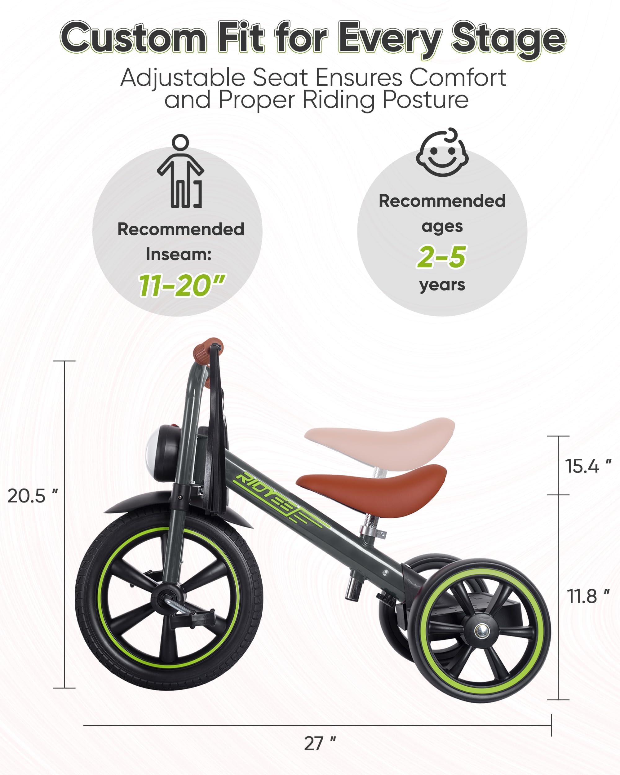 Triciclo para niños de 2 a 5 años, triciclo para 3 años con luz delantera, rueda delantera de goma, manillar suave con serpentinas, asiento ajustable, gris 6