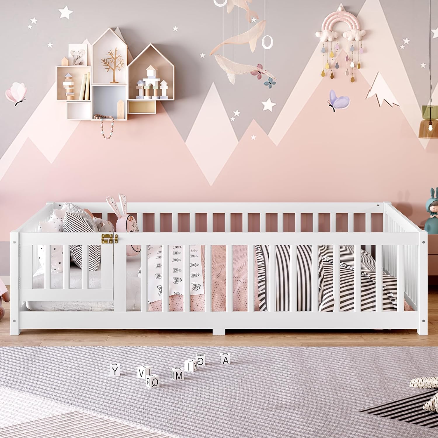 Full Size Kids Floor Bed with Safety Guardrails and Door, Montessori Low Profile Wooden Bed Frame for Toddler Bedroom and Playroom, White