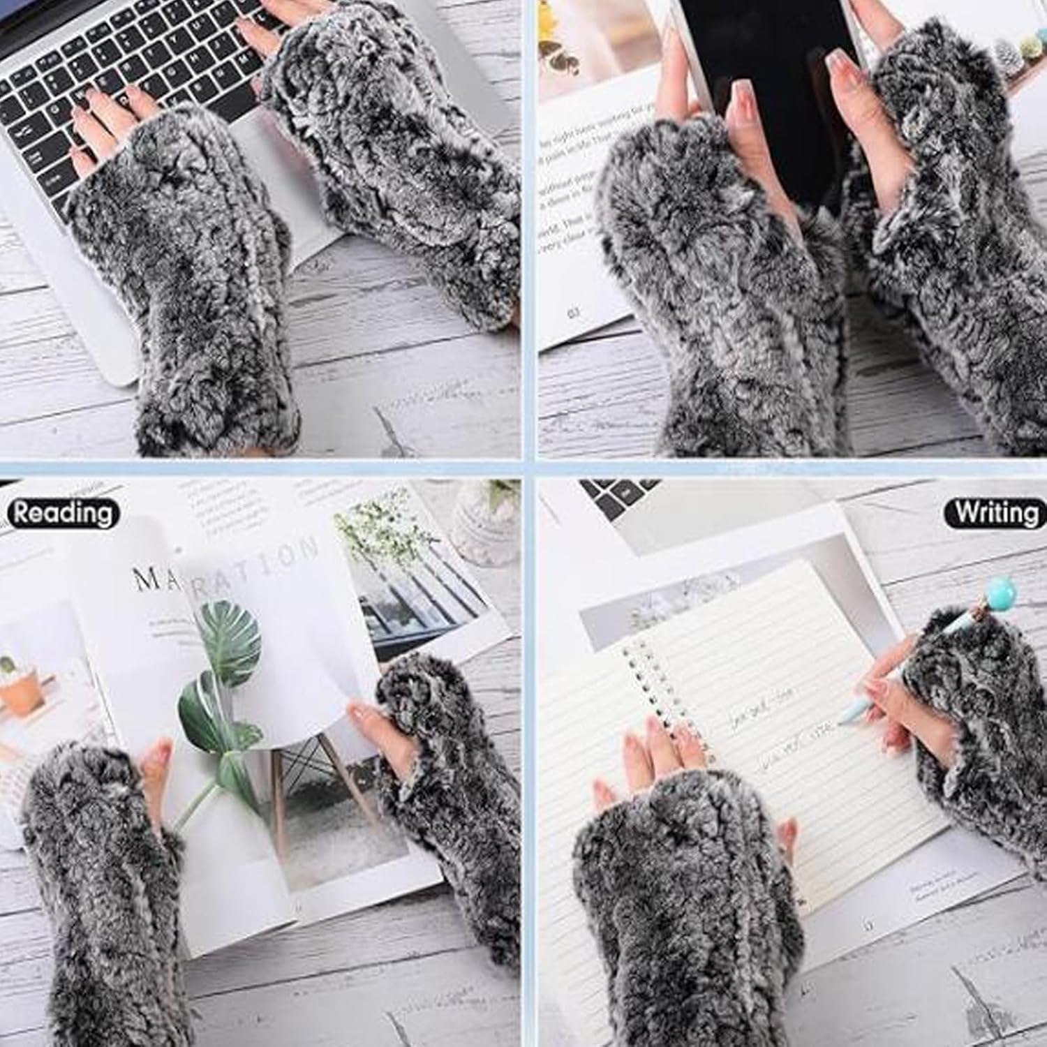 Valpeak Womens Rabbit Fur Winter Mittens Knitted Fingerless Gloves - Image 8