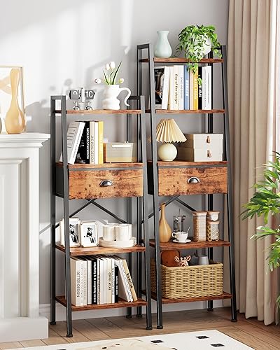 Miniatura 9 de Furologee Estantería de escalera de 5 niveles, estantería alta y estrecha con cajón, estantería de pie, estantes industriales abiertos para baño,