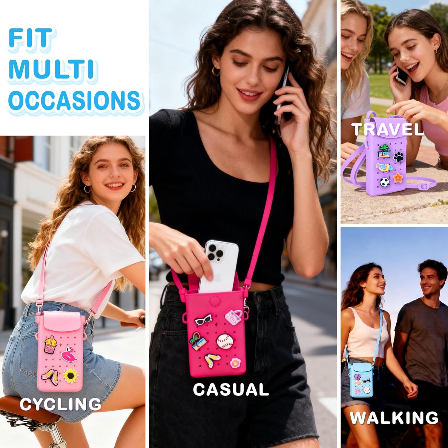 Silicone Crossbody Phone Purse with Adjustable Shoulder Strap, Magnetic Closure, DIY Holes with 15 Charms – Stylish Everyday Cell Phone Bag for Women - Image 6