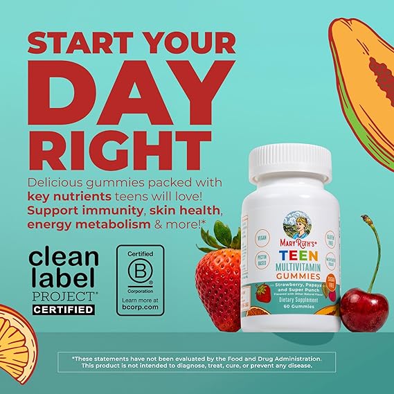 MaryRuth's Multivitamin Gummies for Teens | Vitamin D3, A, C, E, B6, B12, Zinc, Iodine, Biotin | Immunity | Tissue, Vision, Skin Health | Vegan | Non-GMO | Sugar Free | Gluten Free | 60 Count