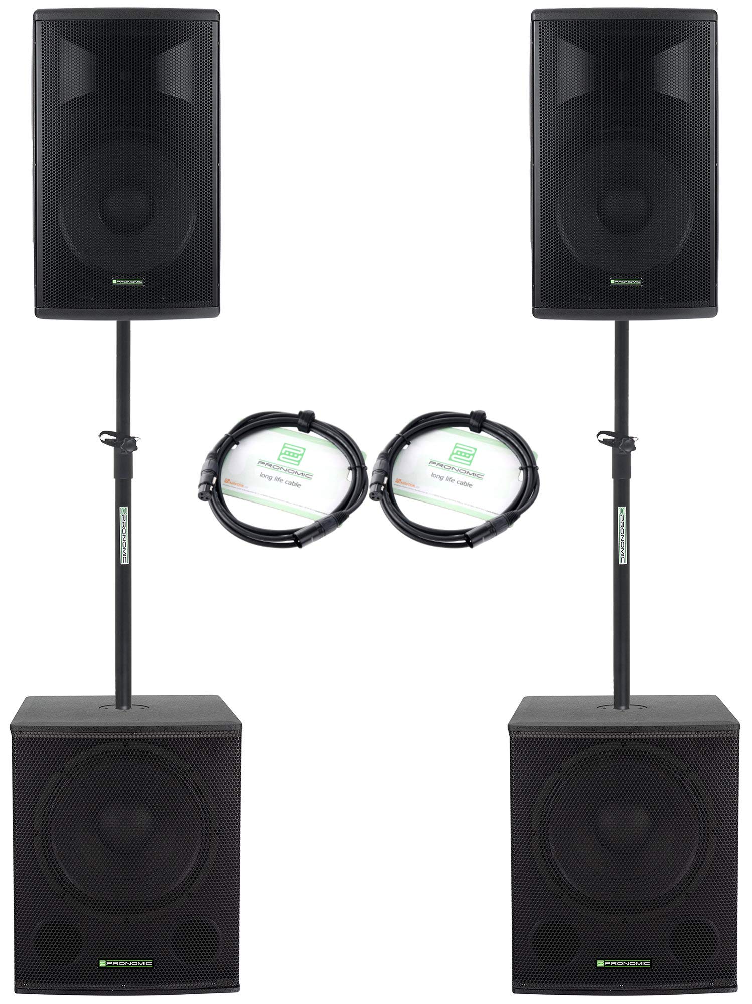 Pronomic Powerstage Economy 1815 2.2 - aktives PA-Set mit 2X 18-Subwoofer und 2X 15-Satelliten - 840 Watt Gesamtleistung (RMS) - inklusive Distanzrohre und XLR-Kabel