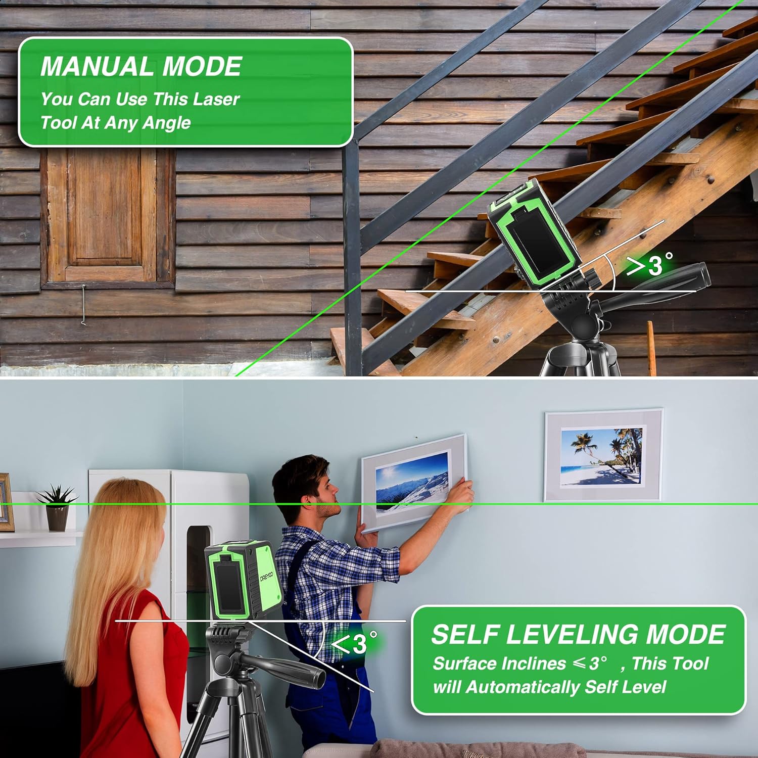 Laser Level with Tripod, 50Ft Laser Level Self Leveling Laser Leveler Tool Green Cross Line, Separate control 2 Laser Lines, Laser Level for Picture Hanging Construction Diy Light Duty Indoor Project - - 