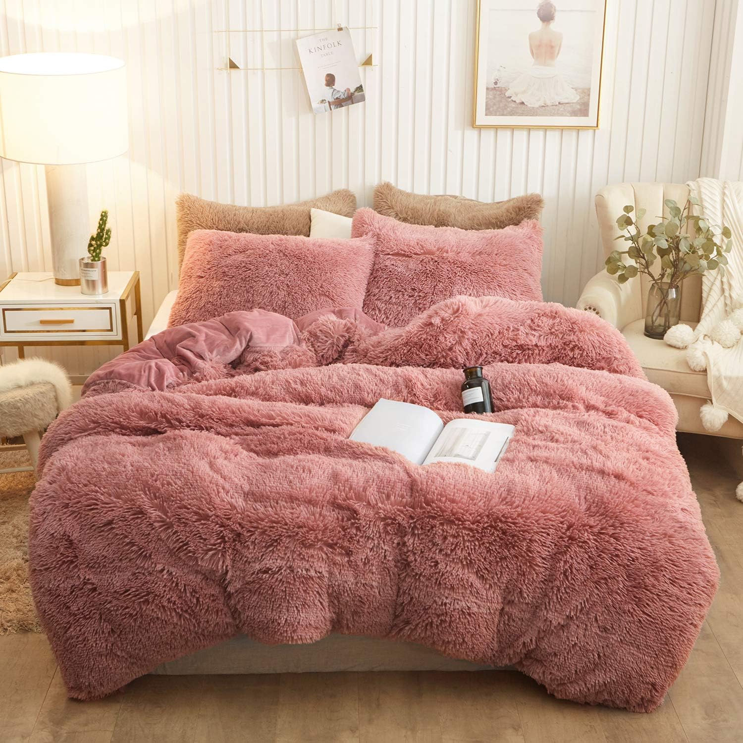 Product Deal XeGe Plush Shaggy Duvet Cover Luxury Ultra Soft Crystal Velvet Bedding 1PC(1 Faux Fur Duvet Cover),Zipper Closure(Queen,Old Pink)