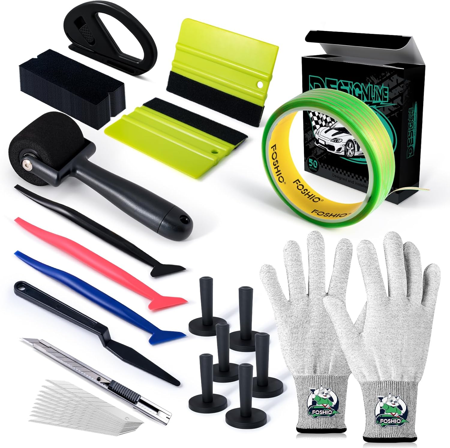 FOSHIO 50M Knife Less Vinyl Wrap Tools Kit, 6PCS Car Wrap Magnets & Vinyl Wrap Gloves, Sponge Roller, Felt Squeegee, Utility Knife Wrapping Paper Cutter Set, Micro Squeegee Window Tint Tools Kit