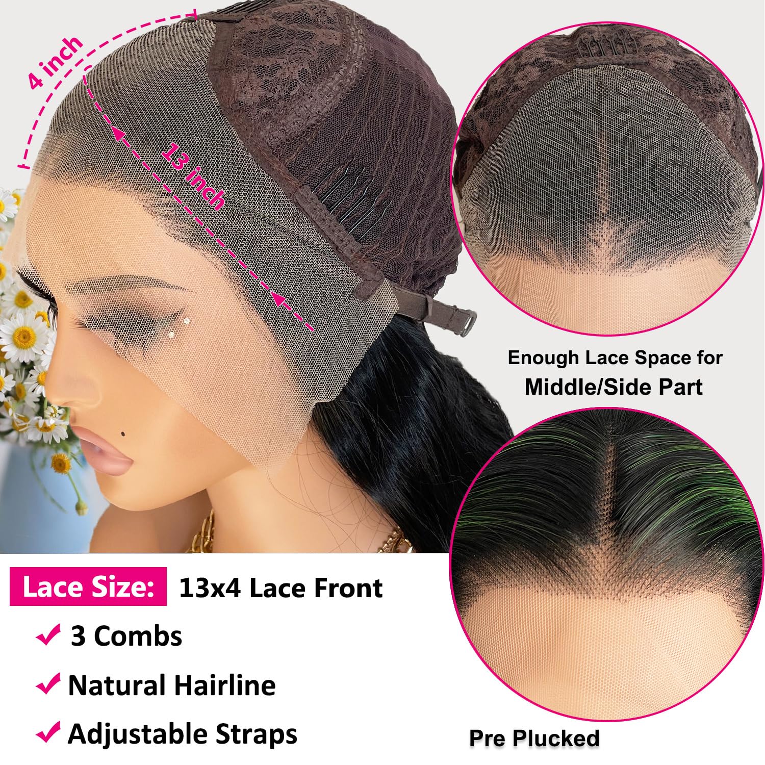 Green Highlight Lace Front Wig Black Hair with Green Skunk Stripe Synthetic Lace Front Wigs for Black Women 24 Inch Long Body Wave Heat Resistant Hair Pre Plucked Natural Hairline