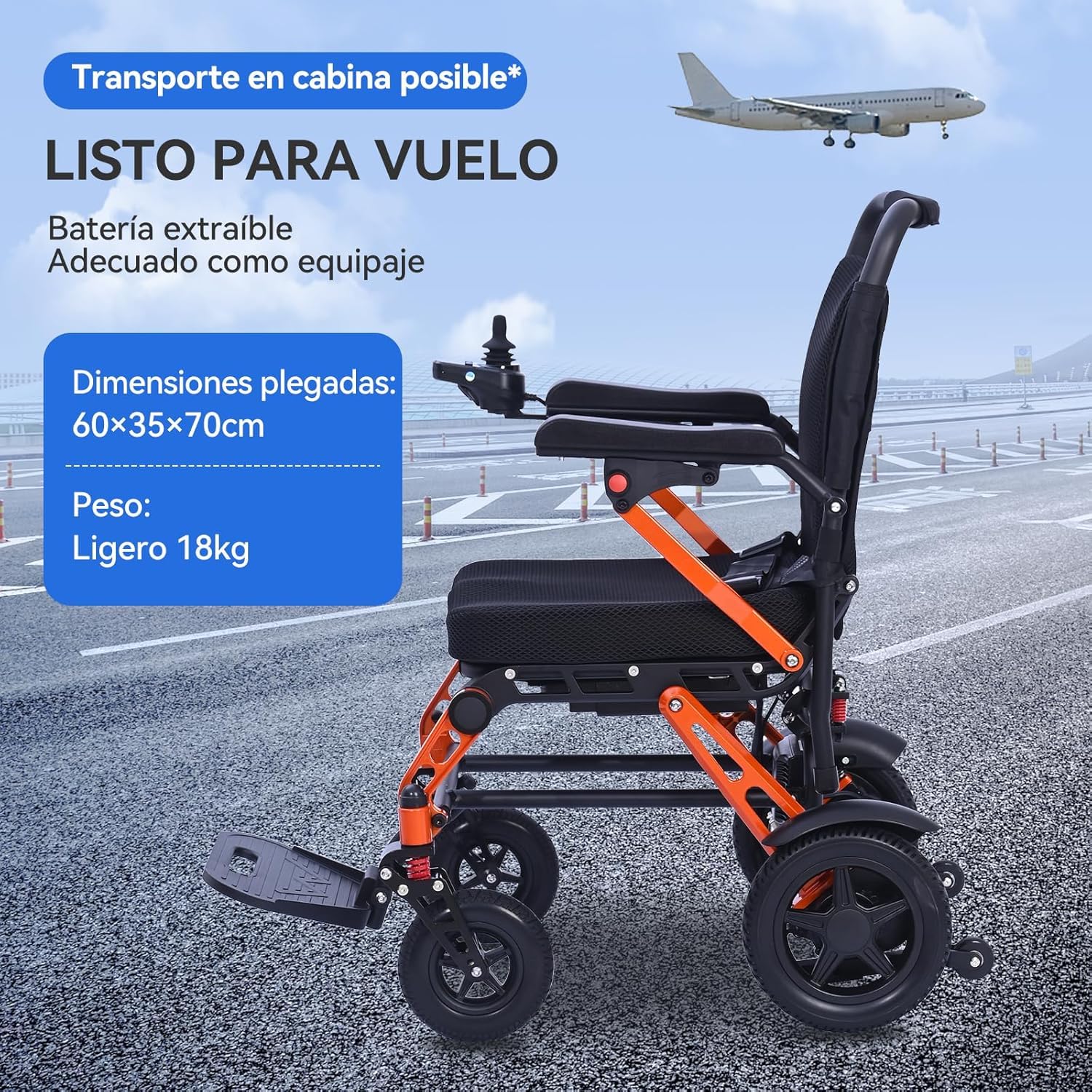 XP02 ultraligera Silla de ruedas eléctrica aleación magnesio(16,6KG), autonomía 20Km, equipada con luces nocturnas y pantalla LED, cumple con los estándares para embarque aéreo, capacidad 150KG