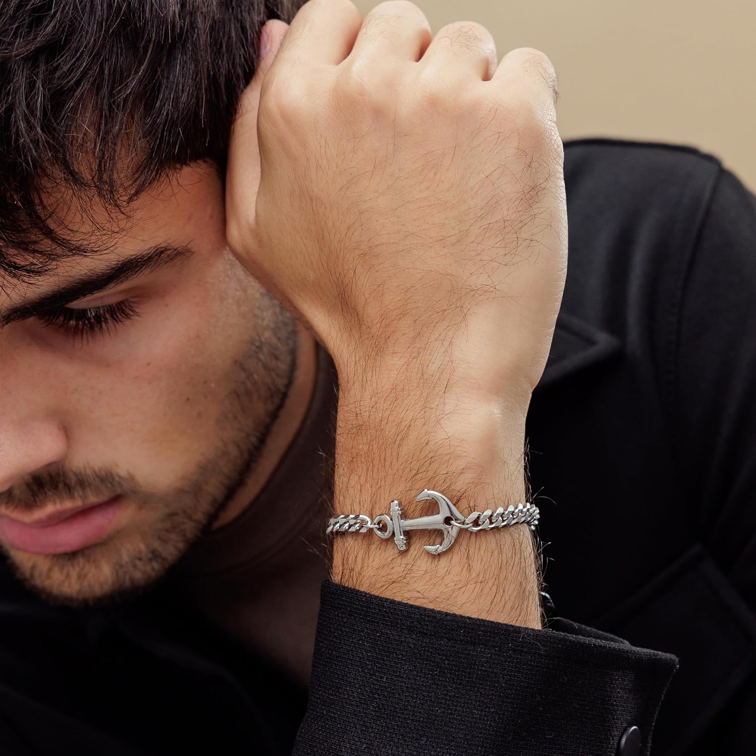 Galis Mens Bracelet with Stainless Steel Anchor Pendant, Silver Plated Chain Non Tarnish Bracelets, Stylish Birthday Gift For Men, Trendy Jewelry with Lobster Claw Clasp Men 7" - Image 5