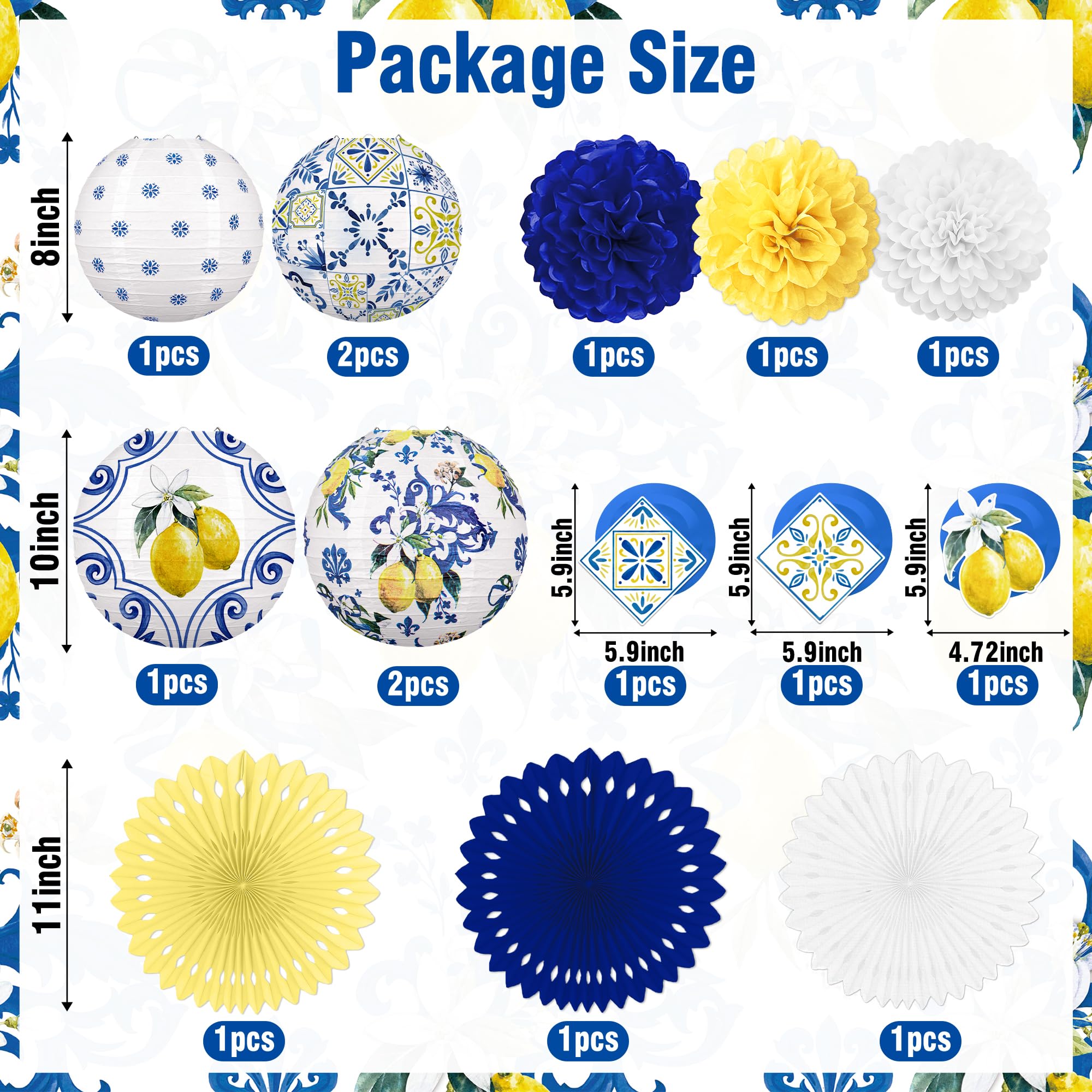 Lot de 15 lanternes en papier citron pour décorations de fête : côte amalfitaine Capri jaune et bleu Carreaux méditerranéens à suspendre pour fête prénuptiale, anniversaire, mariage – Style 2