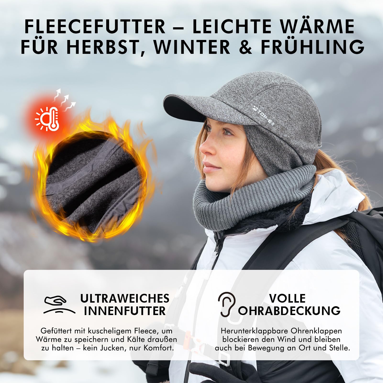 TOP-EX M/L/XL wodoszczelna czapka damska zimowa z klapkami na uszy, koński ogon, ciepła czapka z polarową podszewką, damska czapka zimowa, odblaskowa