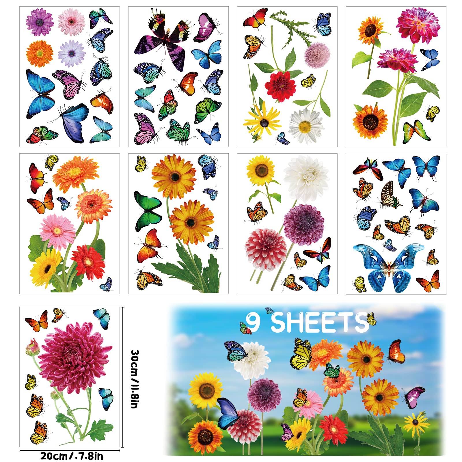 Pegatinas De Ventana Primavera - 9 Piezas, Mariposas Y Flores, Reutilizables, 30x20 Cm Cada Una