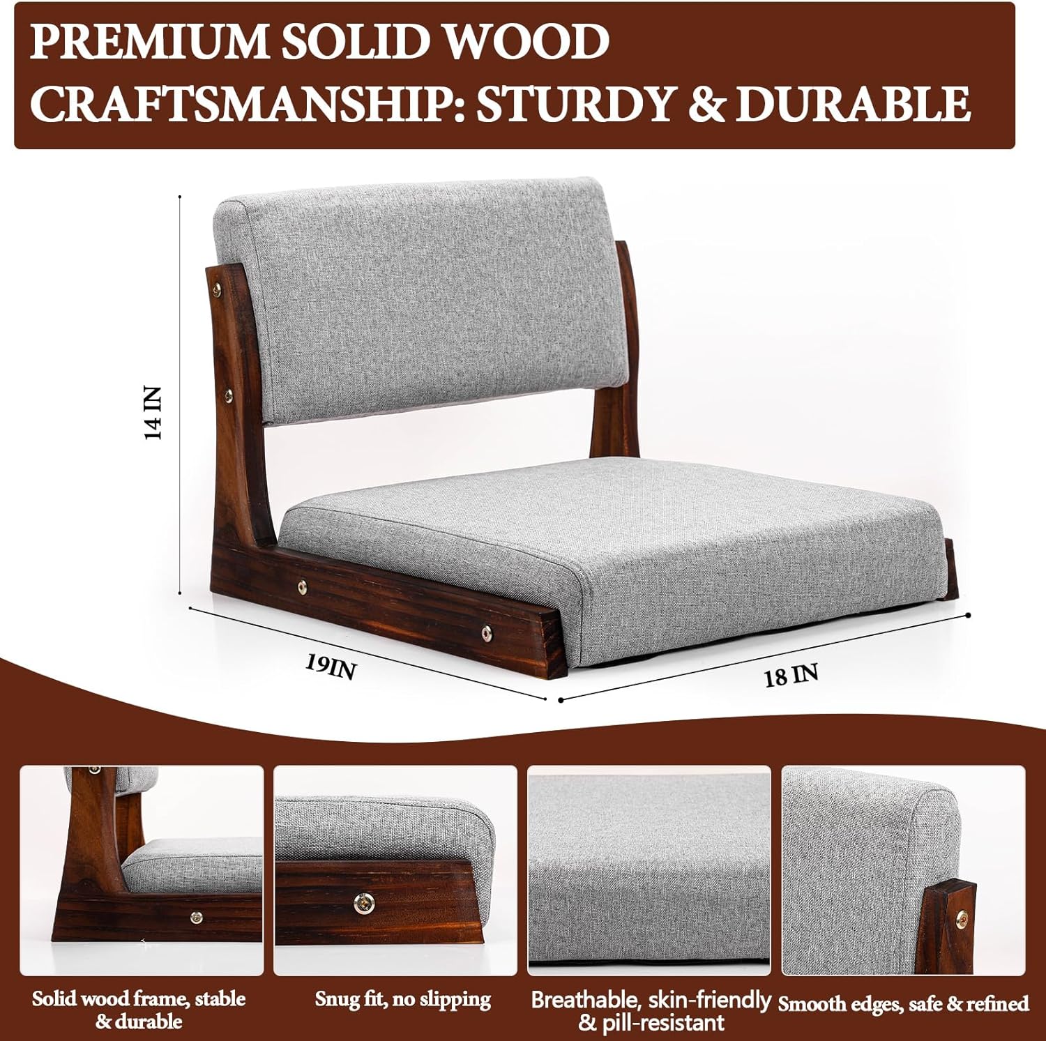 Geetery 2 Pack Tatami Chairs with Back Support & Cushion, Japanese Floor Chair, Walnut Meditation Seat Floor Seating for Balcony, Bay Window, Living Room, Bedroom