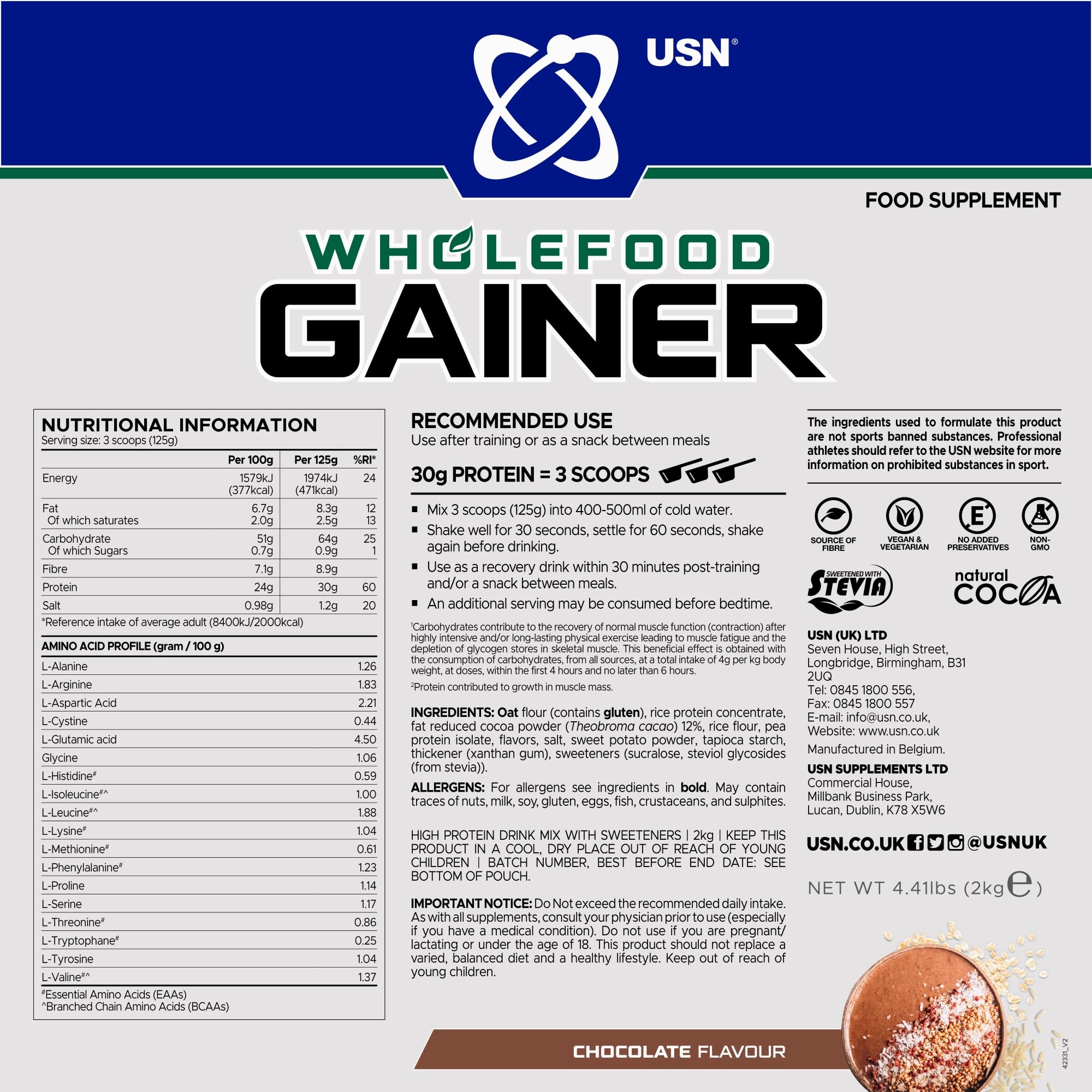 USN Wholefood Gainer (2000g) Chocolate