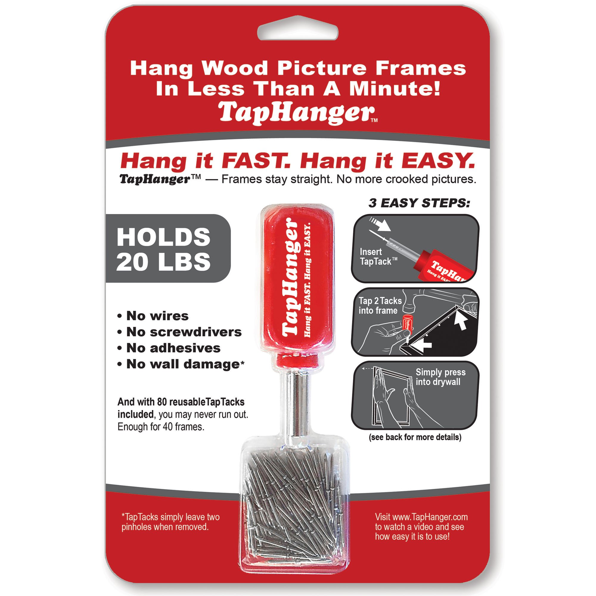 Taphanger Picture Frame Hanging Kit for Drywall - Hang Wooden Frames & Canvases in Less Than A Minute - Includes 80 TapTacks to Hang 40 Frames - Holds Up to 20 Pounds