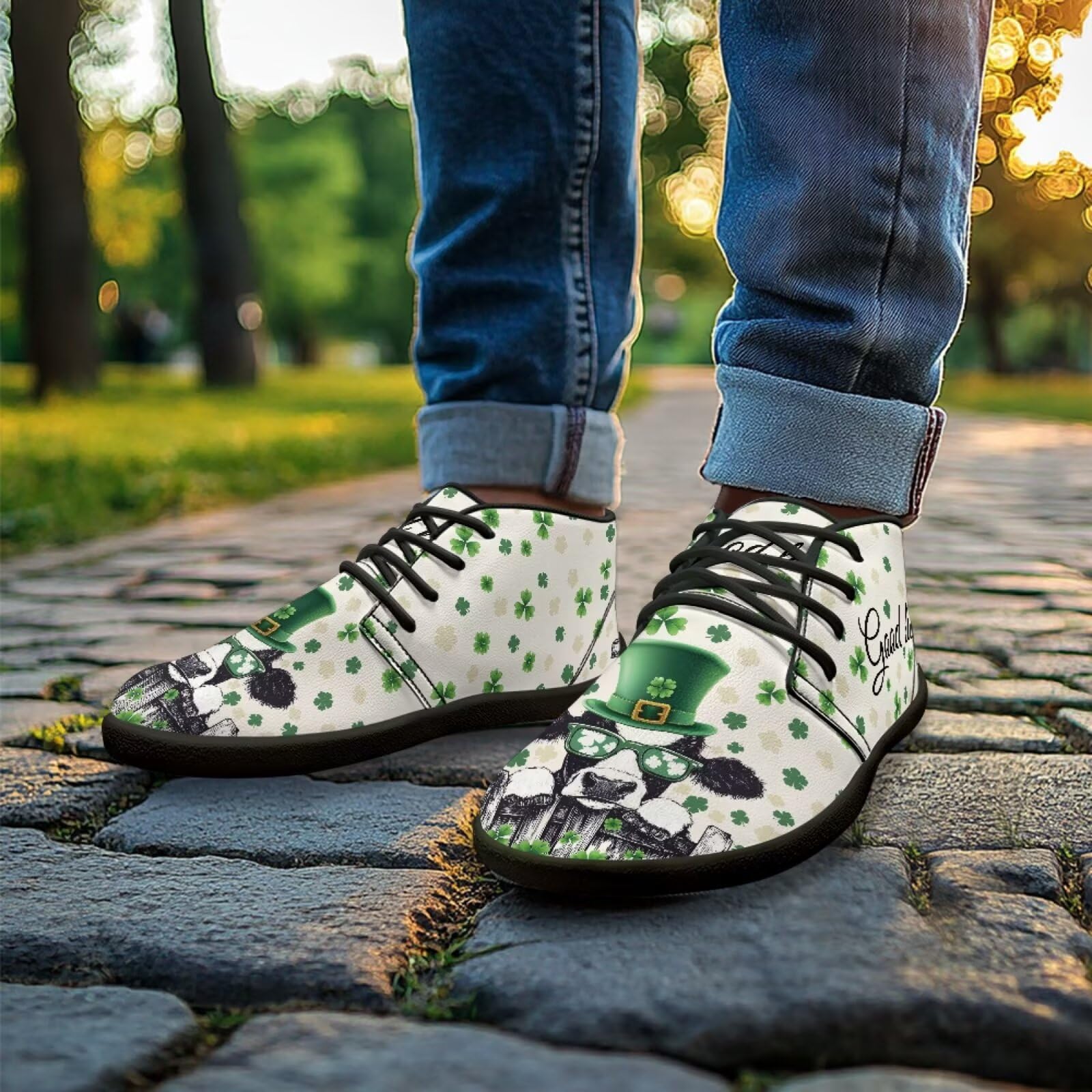 Chririnla Cow Womens Walking Shoes Green Leaves Barefoot Minimalist Sneakers for Men Non Slip Trail Running Shoe Classic Lace-up Athletic Footwear Wide Toe Boots