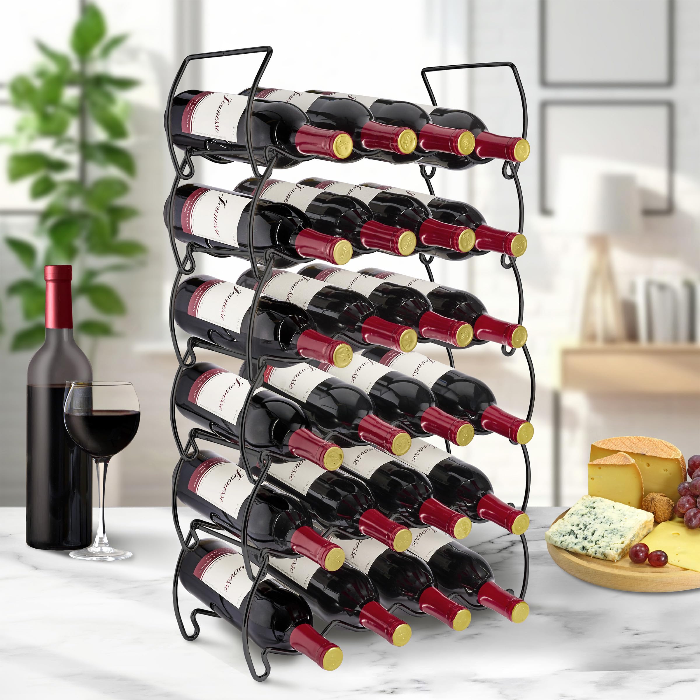 Sorbus Weinregal mit 3 Ebenen, stapelbar, klassischer Stil, Weinregale für Flaschen, perfekt für Bar, Weinkeller, Keller, Schrank, Speisekammer usw., für 12 Flaschen, Metall (schwarz)