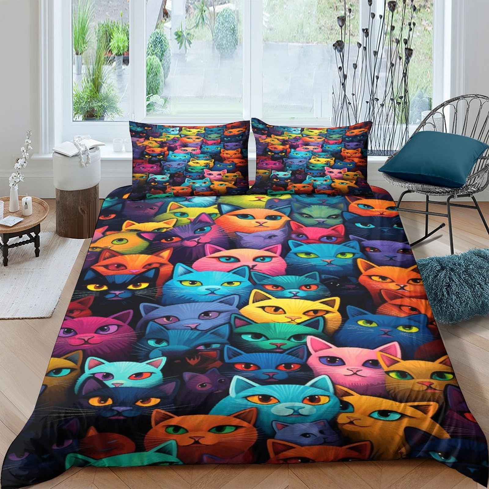 Housse de couette chat 220x240 avec taies d'oreiller en microfibre parure lit king size