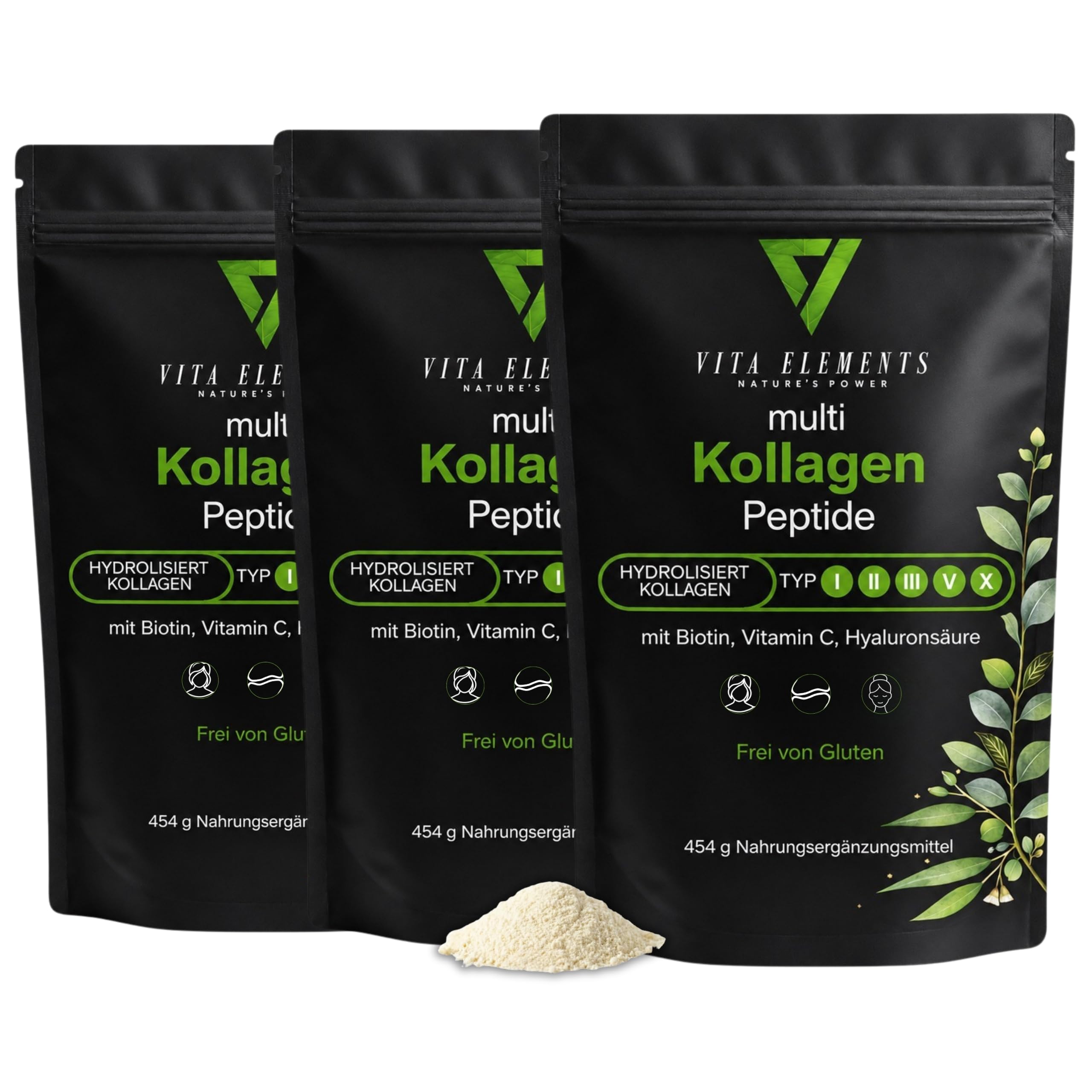 Vita Elements Multikollagen Pulver - 454g - Typ I, II, III, V, X - 3er-Set