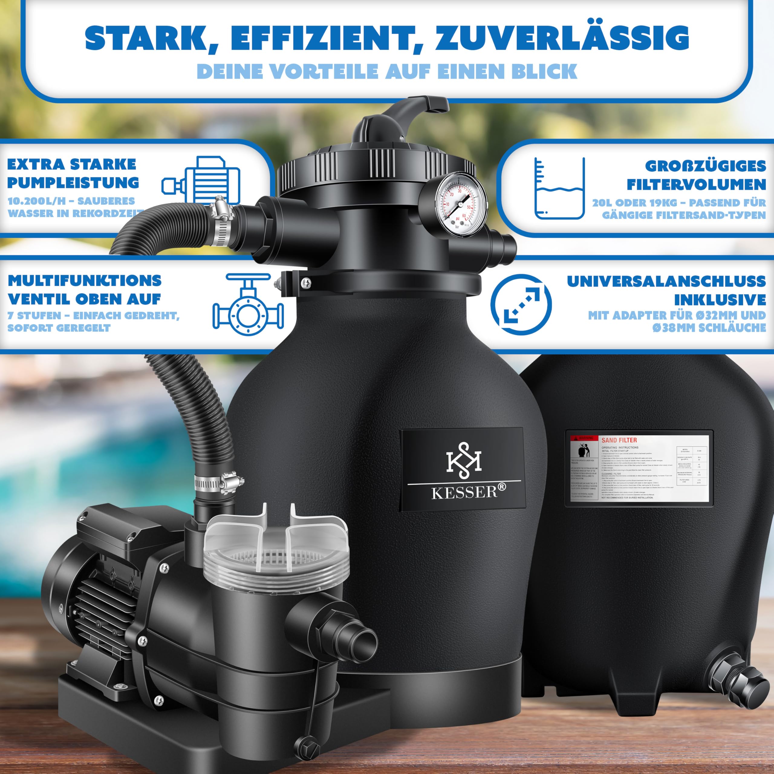 KESSER® Sandfilteranlage für Pool bis zu 60.000L, 10.200 L/h, 400W Pumpe, 20L Tank, 7-Wege-Ventil mit Druckanzeige mit 800g Filterbälle, Poolfilter 10 m³/h mit Adapter Ø32–38mm & Wettercover, Schwarz