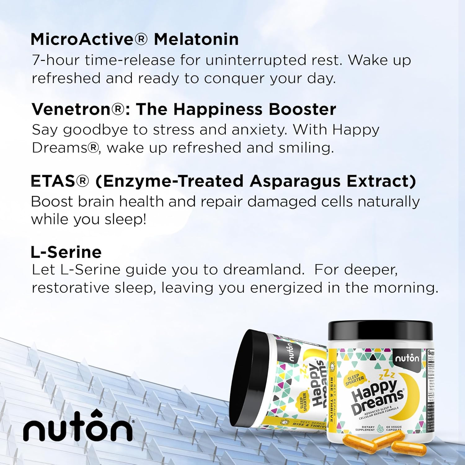 Nuton Happy Dreams Natural Sleep Aid Supplement & Cellular Vitality - Melatonin Sleep Aid for Adults, Time Release Formula with ETAS Asparagus, L-Serine and Venetron Extract, 60 Veggie Capsules - Image 5