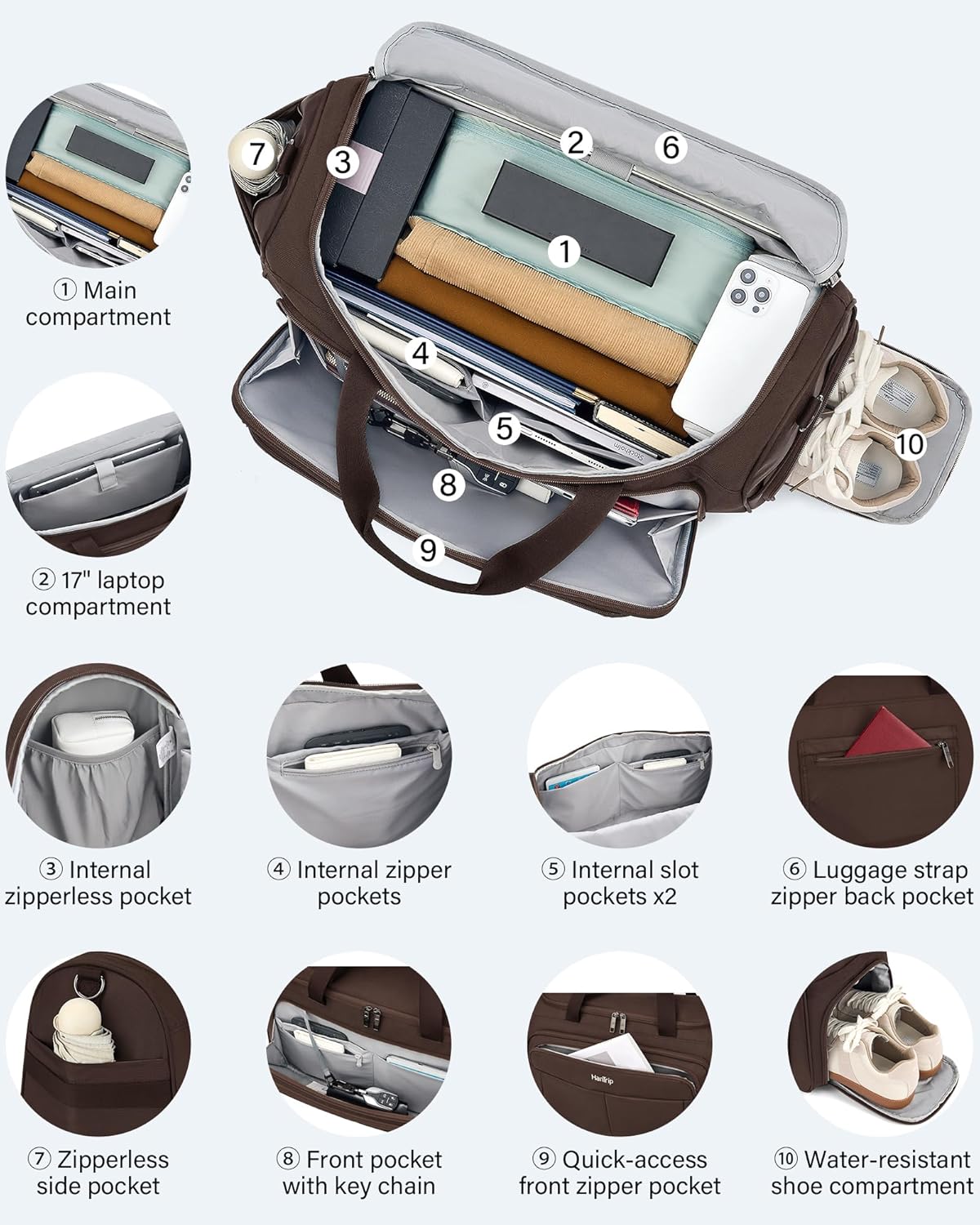 Carry on Duffel Bag Foldable Duffle Bags for Travel, Large Personal Item Bags for Airplanes, Weekender Overnight Mens Travel Tote Bag for Women Softside Carry on Luggage (Coffee)