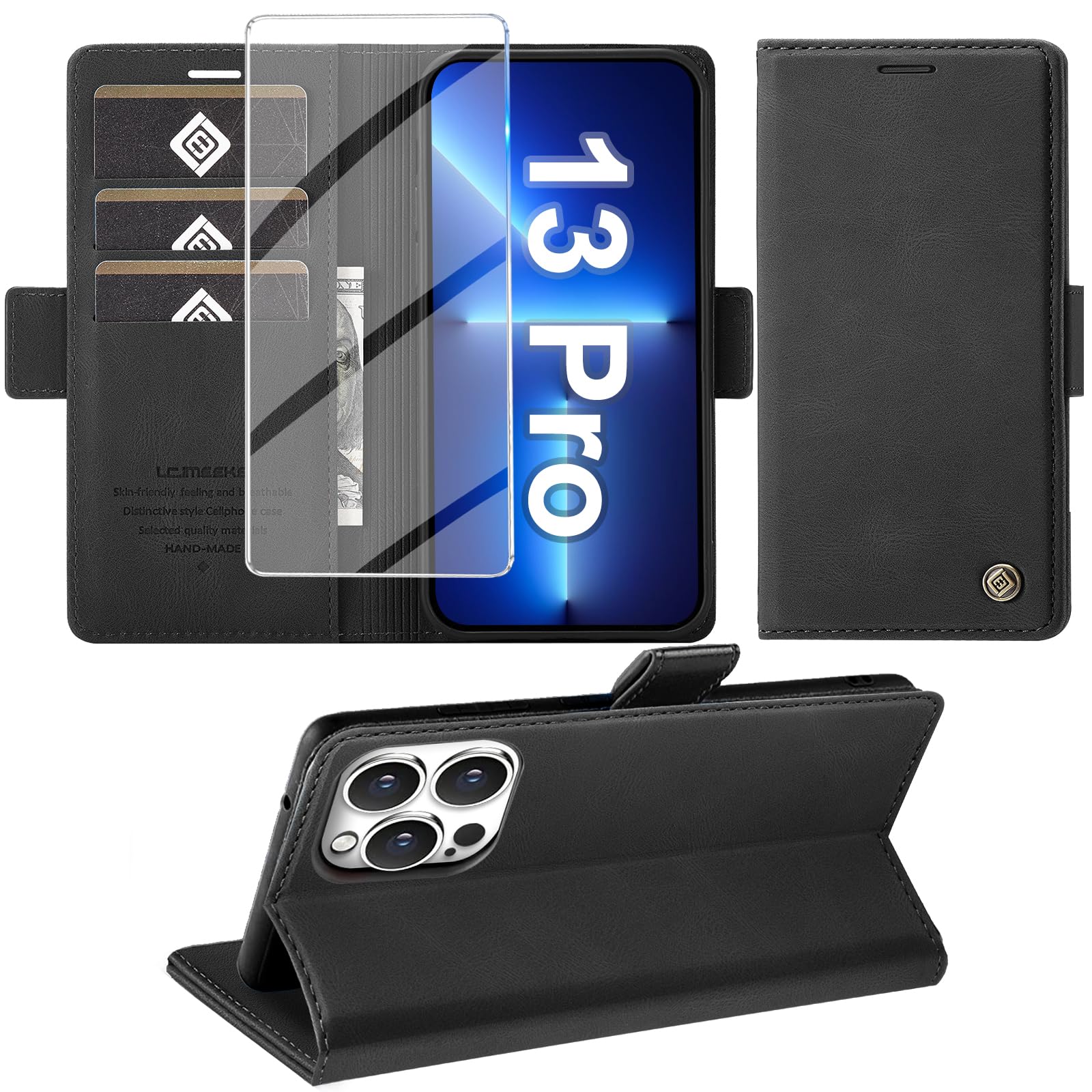 Giyer Handyhülle für iPhone 13 Pro Hülle mit Displayschutzfolie, Leder Wallet Kartenfach Ständer Tasche Schutzhülle für iPhone 13 Pro 5G Flip Case Kameraschutz Bumper Vollschutz Klapphülle (Schwarz)