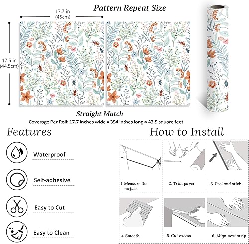 Miniatura 7 de VEELIKE Papel tapiz floral de escarabajos azules y naranjas, para despegar y pegar, papel tapiz botánico para cuarto de bebé, baño, 17.7 x 354