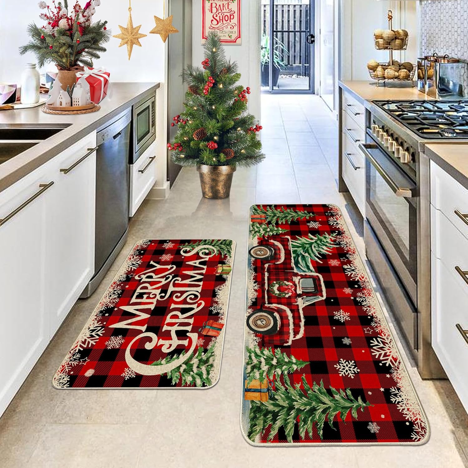 Christmas Kitchen Mats for Floor - Farmhouse Truck Red Buffalo Plaid Christmas Kitchen Decor - Xmas Kitchen Rugs Set of 2 Decorations for Bathroom,Home,Indoor 17"x27"+17"x47"