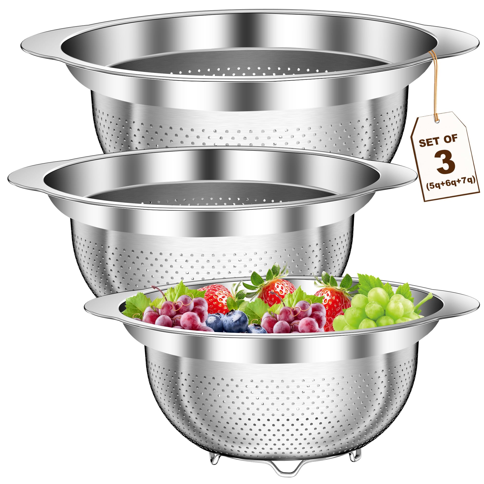 Large Strainers and Colanders, Big Stainless Steel Colanders for Kitchen, Stainless Steel Strainer Set of 3 (7 QT, 6 QT, 5 QT) for Draing Pasta Spaghetti Fruit Vegetable